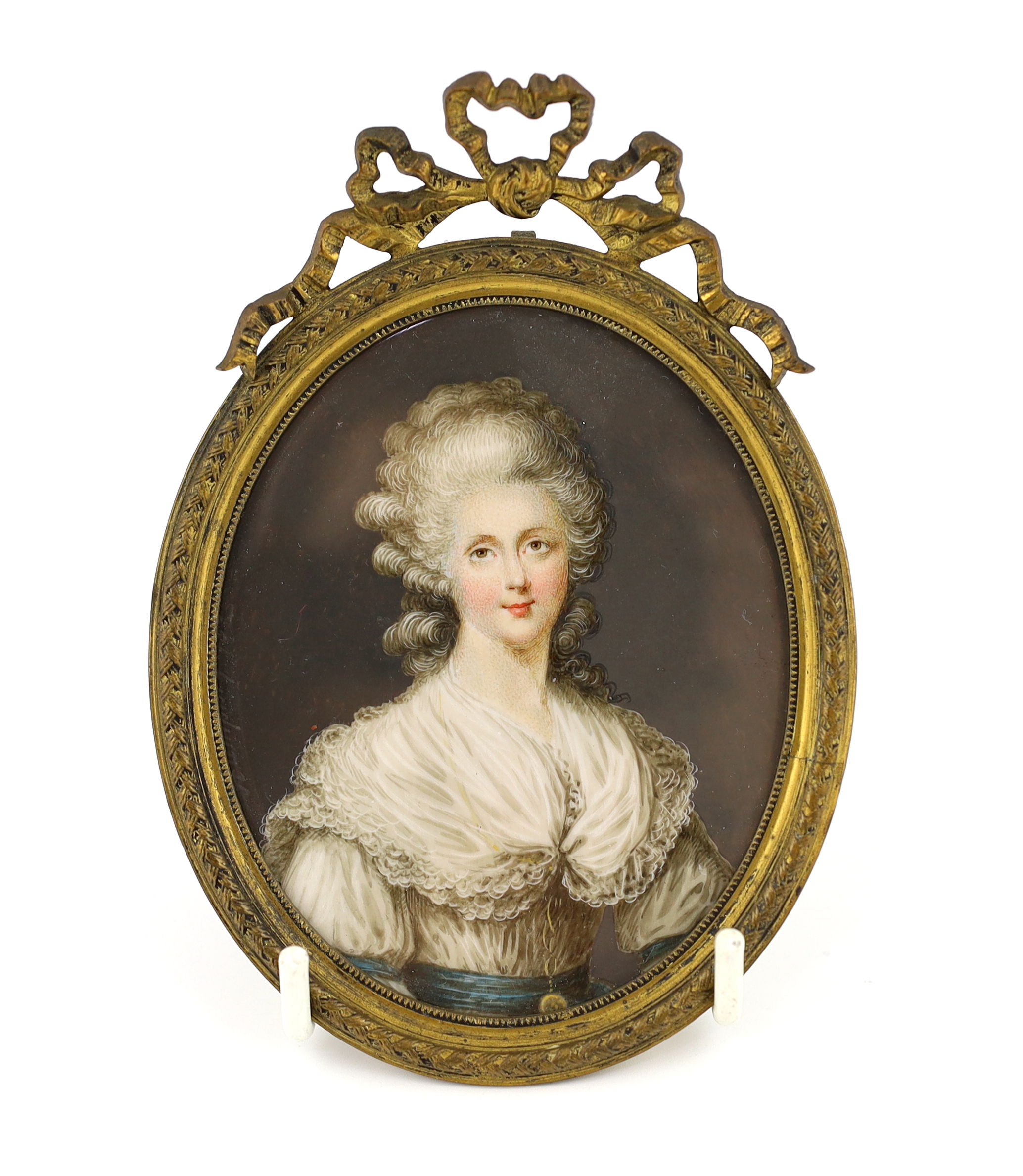 After Ozias Humphrey (English, 1742-1810), Portrait miniature of Sarah Villiers, Viscountess of Jersey, watercolour on ivory, 8.7 x 7cm. CITES Submission reference CZ9HM9C7